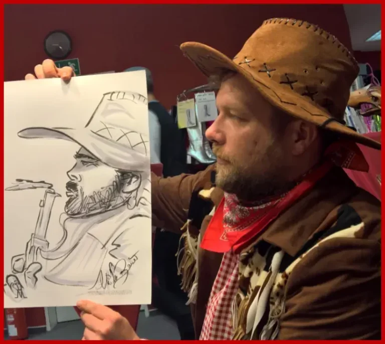 Karikatur Zeichnung, Schnellzeichnung Mann mit Cowboyhut und Revolver Karikatur Zeichnung, Schnellzeichnung Mann mit Cowboyhut und Revolver