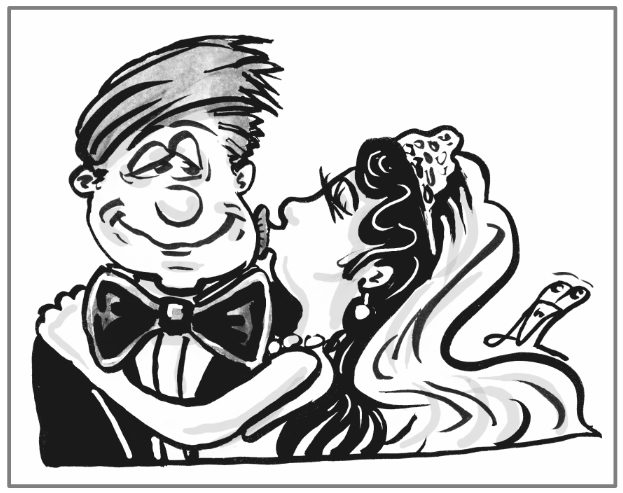 Hochzeit Karikatur Zeichnung, Schnellzeichnung auf einer Hochzeit Frau küsst Mann, Hochzeit Karikatur Zeichnung, Schnellzeichnung auf einer Hochzeit